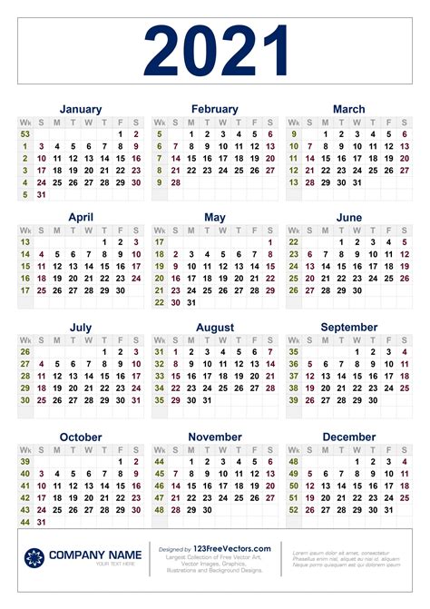 2021 Calendar Weeks Numbered Template Calendar Design
