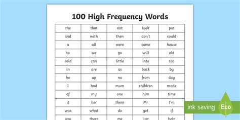 High Frequency Words Sheet Primary Resources