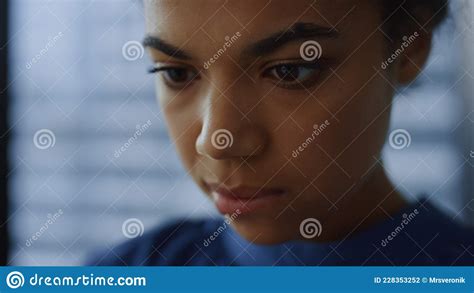 African Woman Face Closeup Thoughtful Businesswoman Using Smartphone