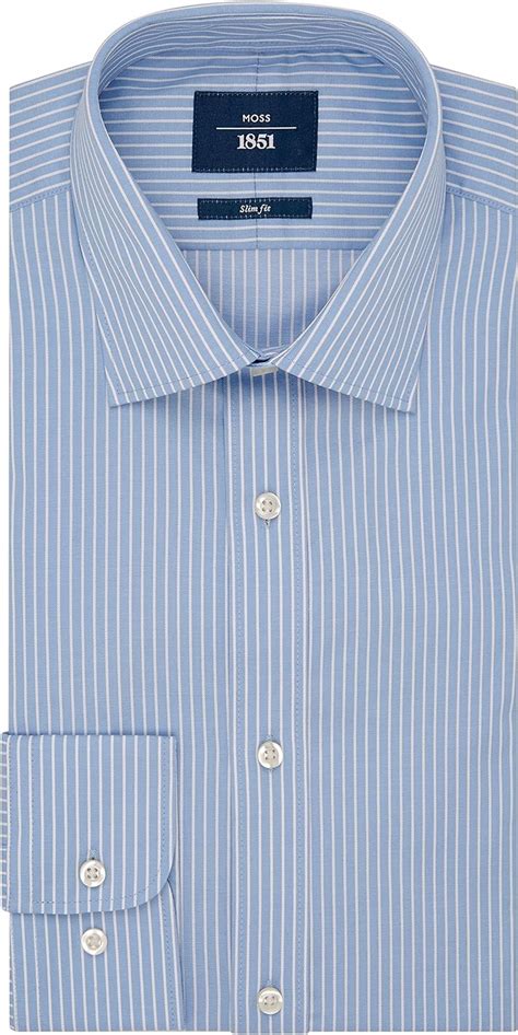 Moss 1851 Mens Slim Fit Blue Single Cuff Twill Stripe Shirt 15½ At