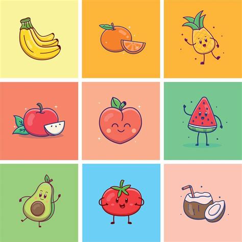 Cute Cartoon Set Of Fruits And Vegetables In Vector Vector Art At Vecteezy