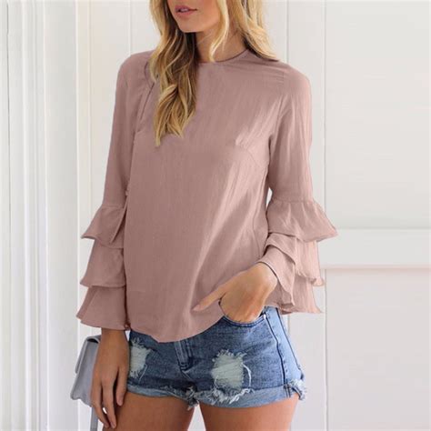 feinuhan fashion women s summer blue long sleeve casual blouse loose cotton tops t shirt