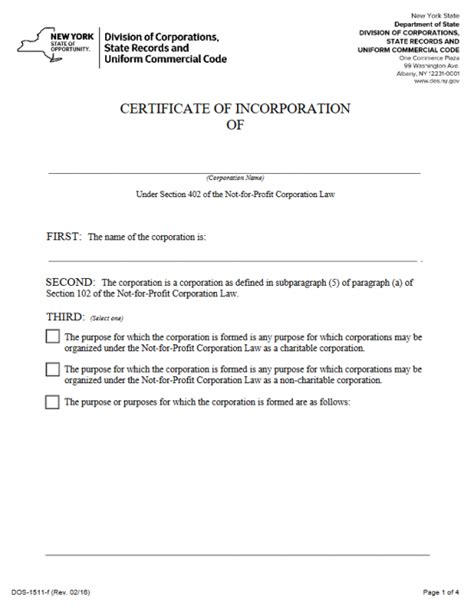 Free New York Certificate Of Incorporation Not For Profit Corporation