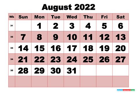 August Calendar 22 Printable