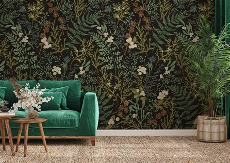 Vintage Dark Botanical Wallpaper Peel And Stick Wallpaper Etsy Uk