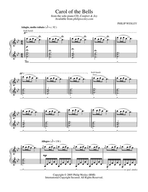 Use this sheet for your own personal use completely free. Carol of the Bells - Comfort and Joy - Sheet Music - Philip Wesley