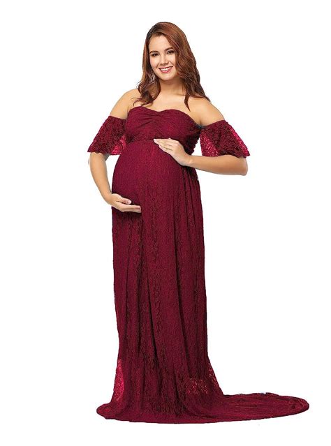 Buy JustVH Women S Off Shoulder Ruffle Sleeve Lace Maternity Gown Maxi