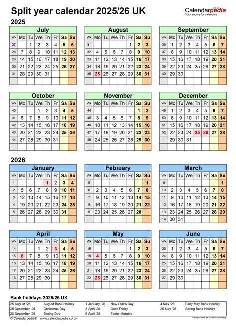 Split Year Calendars 202526 Uk July To June For Word