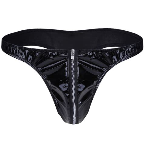 Uk Sexy Men Zipper Thongs G String Wet Look Leather Jockstrap Briefs