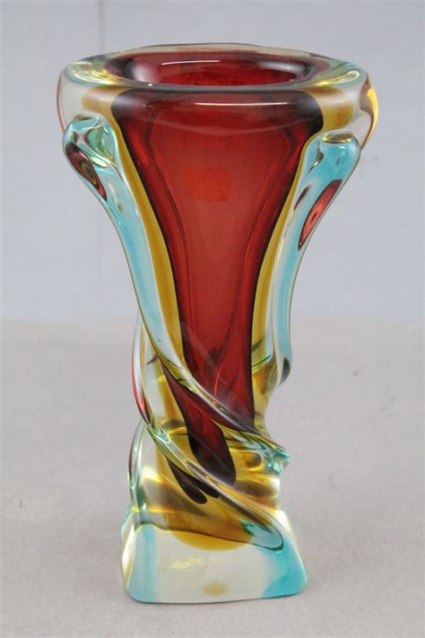 Tall Murano Swirl Vase With Red And Amber 24cm In Height