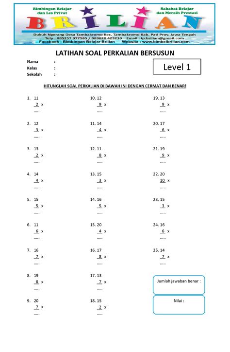 Soal Perkalian Bersusun Kelas 2 Sd Level 1 A Dan Kunci Jawaban Bimbel
