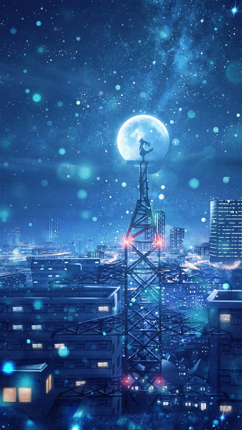 Download City Night Sky Anime Phone Wallpaper