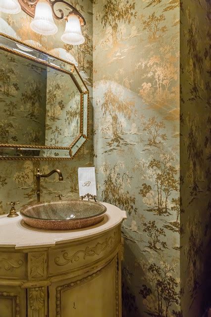 Traditional Powder Room With Blue And Gold Chinoiserie Wallpaper