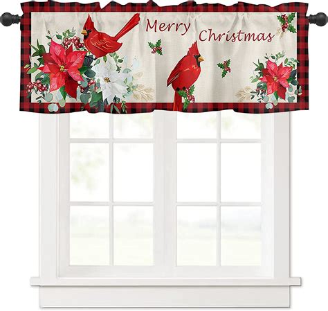 Christmas Poinsettia Valances Windows Curtain Red Cardinal Bird Kitchen