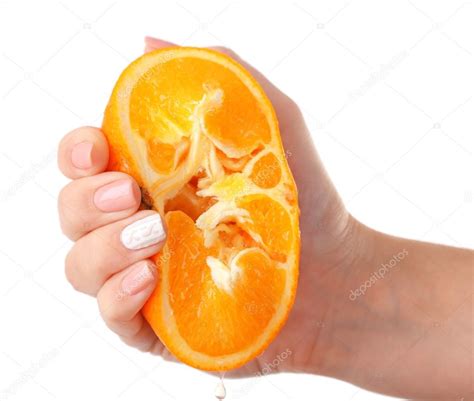 Female Hand Squeezing Orange Isolated On White Stock Photo By