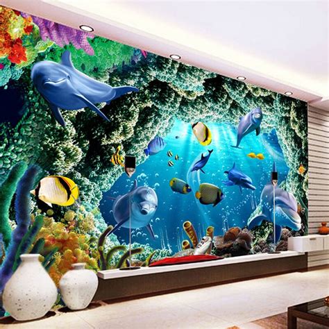 Custom Mural Wallpaper 3d Cave Underwater World Dolphin Living Room