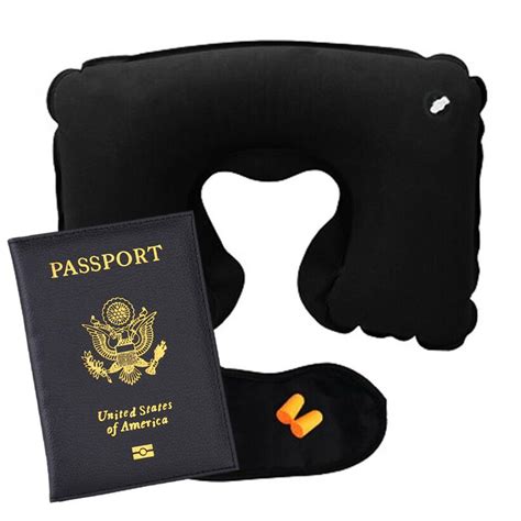 Inflatable Travel Pillow Eye Mask Passport Cover Neck Pillow Set Black Ebay
