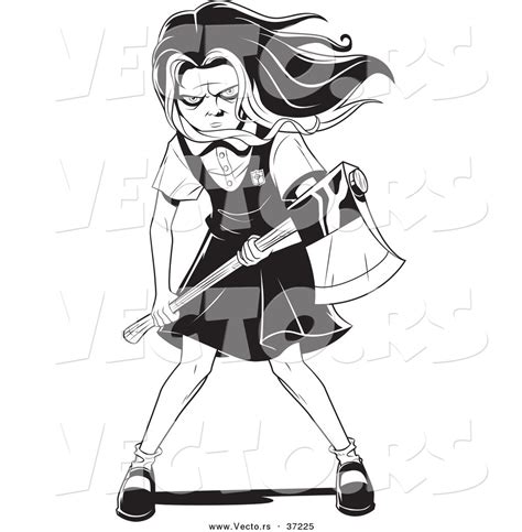 Vector Of A Creepy School Girl Zombie With A Bat Black And White Line