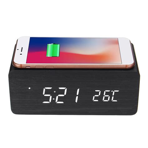 3in1 20w Qi Wireless Charge Clock Voice Control Digital Led Desk Wooden