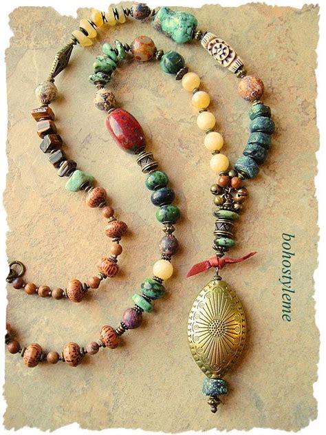 Bohemian Necklace Long Tribal Chunky Stone Necklace Rustic Etsy