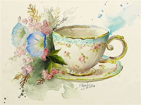 Watercolor Painting Tea Cup With Flowers By Yasser Fayad Https Youtu