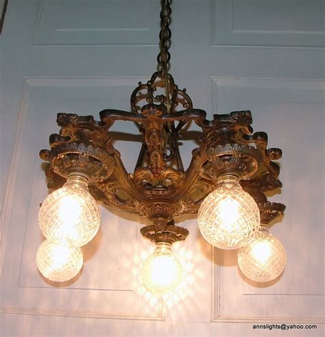 Restored Old 1920 30s Vintage Cast Iron Hanging Ceiling Light Fixture