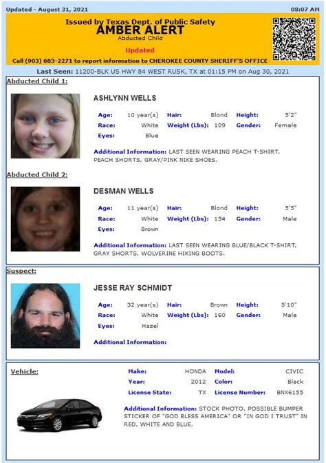 Texas Alerts On Twitter ACTIVE AMBER ALERT For Ashlynn Wells And Desman Wells From Rusk TX