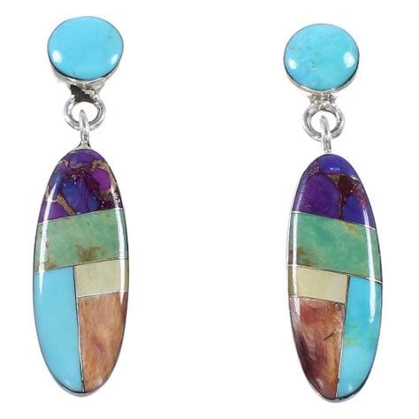 Multicolor Inlay Genuine Sterling Silver Post Dangle Earrings Jewelry