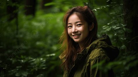 امرأة آسيوية تبتسم في الغابة فتاة لطيفة تبتسم للكاميرا في الغابة حيث الأخضر المنعش مبهر صور