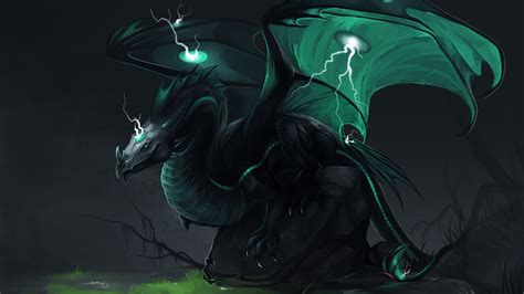 Fantasy Green And Black Dragon Is Sitting On A Greenfield 4k Hd Dreamy