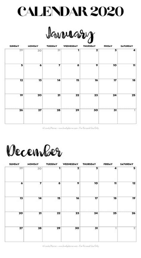 Free 2020 calendars that you can download, customize, and print. 2020 Calendar Printable Free Template - Lovely Planner
