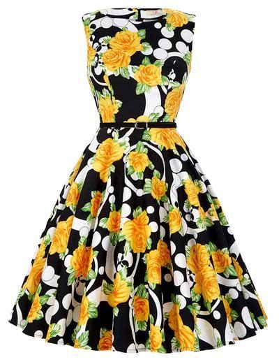 Floral Print Women Summer Dress Hepburn 50s 60s Retro Swing Vintage