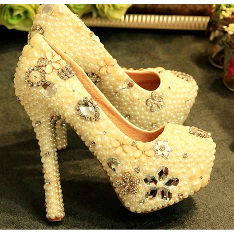 Wedding Shoes Women High Heels Pearl Flower Crystal Pumps Bridal Platform Shoes Rhinestone Beige