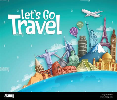Let's go travel vector banner background design with world famous ...