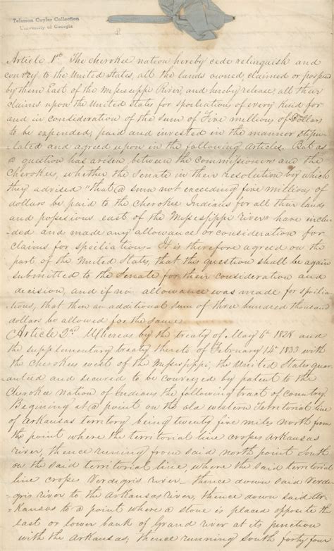 Copy Of New Echota Treaty Between The Cherokees And The United