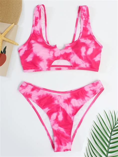 pink sexy polyester tie dye embellished slight stretch women beachwear cut out bikini high cut