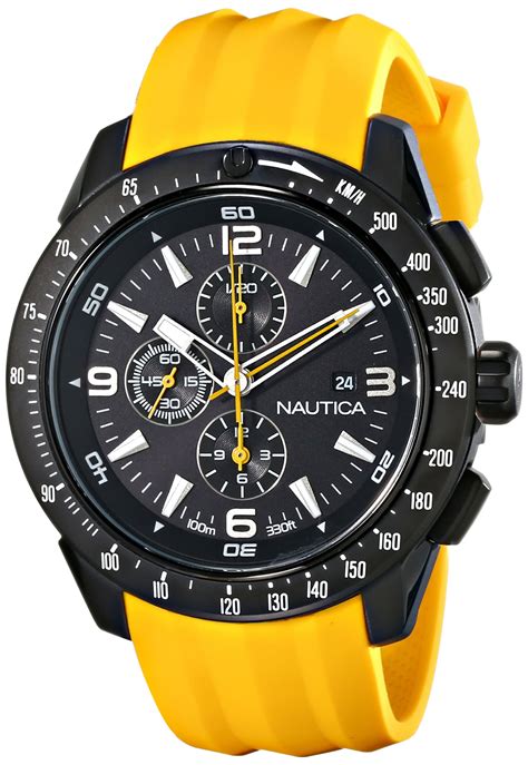 Nautica Mens N18599g Nst 101 Stainless Steel Watch With Yellow Resin