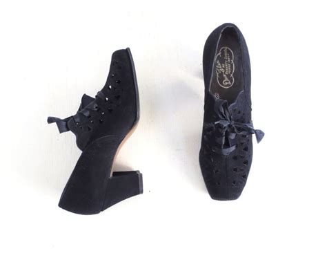 Vintage 1940s Shoes Oxford Heels 40s Heels Black Suede Etsy