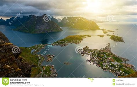 Famous Aerial View On Reine Village Lofoten Islands Norway Stock