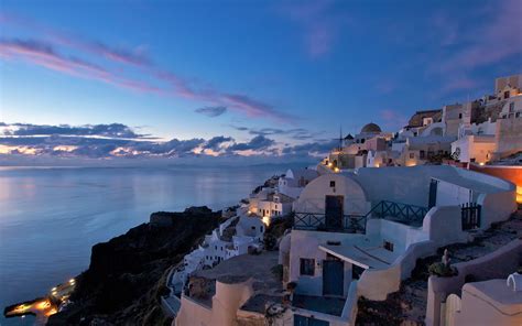 Greece Sky Houses Santorini Night Street Lights Moon Hd