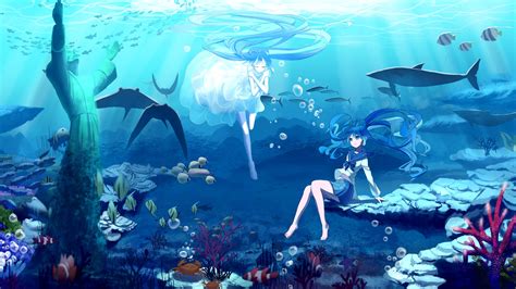 Wallpaper Hatsune Miku Blue Hair Anime Girls Underwater Sea Fish