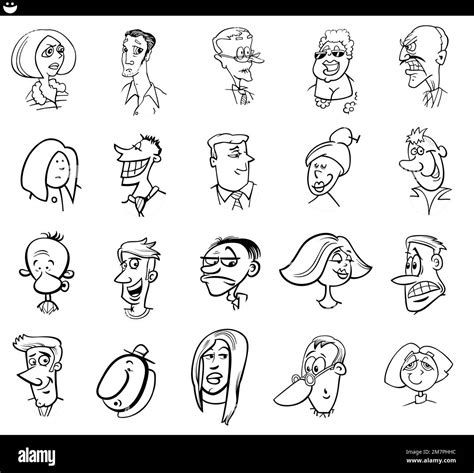 Black And White Cartoon Illustration Of Funny People Characters Faces