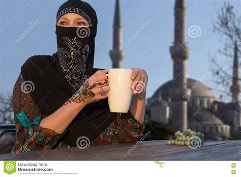 Middle Eastern Woman At Cafe Terrace Stock Photo Image Of Clothing Dress