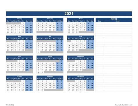 Desain template kalender 2021 gratis download ini tersedia dalam format coreldraw atau.cdr versi x7 dan x4, ai (adobe illustrator cs6), format pdf, format psd, dan format png menyesuaikan dengan. Download 2021 Yearly Calendar (Mon Start) Excel Template ...