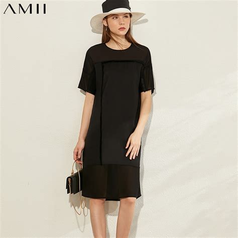 Amii Minimalism Spring Summer Fashion Spliced Thin Women Dress Causal Oneck Solid Loose Knee