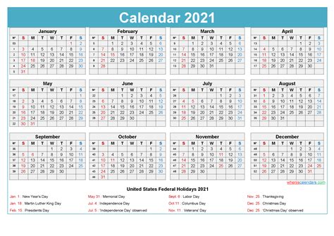 2021 Calendar With Holidays Printable Word Pdf