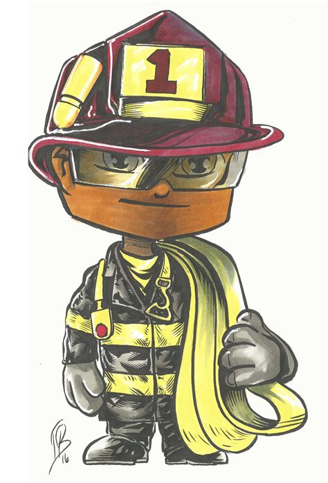 Chibi Firefighter Original Cartoon Sketch 85x11 In 2022 Firefighter