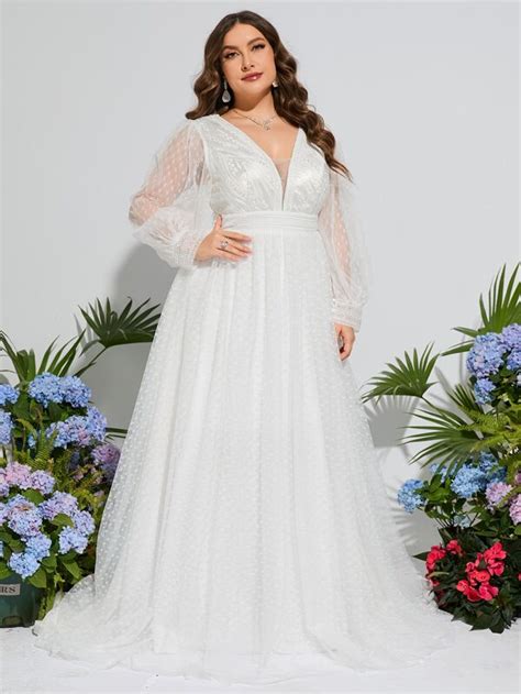 Plus Mesh Overlay Lantern Sleeve Plunging Neck Wedding Dress SHEIN USA