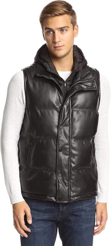 Sean John Mens Faux Leather Puffer Vest With Hooded Bib Black Large