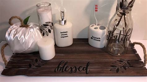 Buy products such as bathroom accessories set 6 pcs plastic gift set tumbler straw set bathroom set trash can, toothbrush cup. DOLLAR TREE FALL BATHROOM DECOR | WOOD TRAY - YouTube